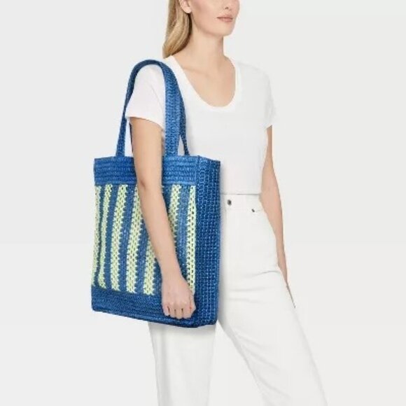 Universal Thread Crochet Woven Handbag Blue Green Tote Single Compartment - Picture 2 of 9